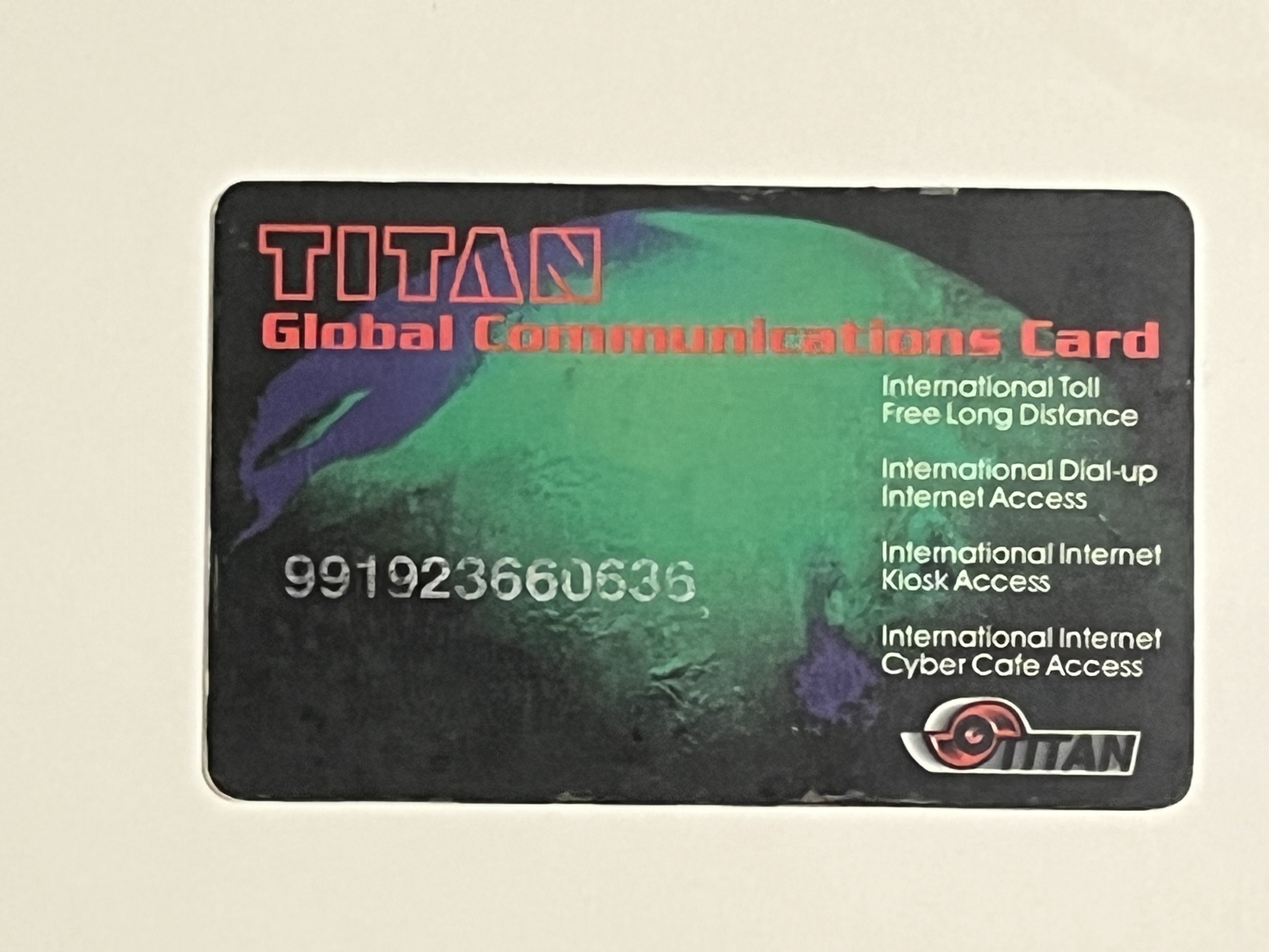 Front of the TITAN Global Communications Card, listing International Toll Free Long Distance, International Dial-up Internet Access, International Internet Kiosk Access, and International Internet Cyber Cafe Access